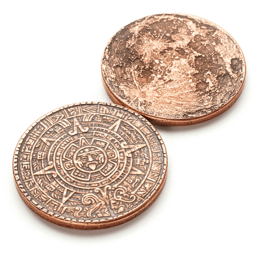 Aztec Sun & Moon coin with calendar sun side and moon on other side