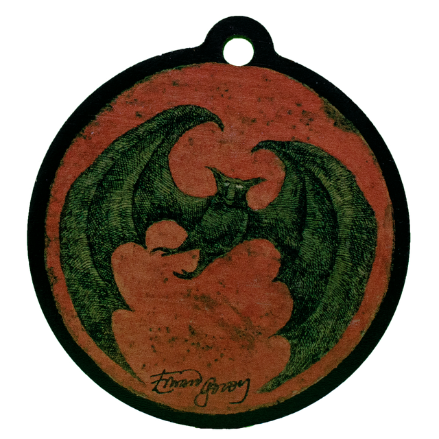 Ornament with a green bat by Edward Gorey