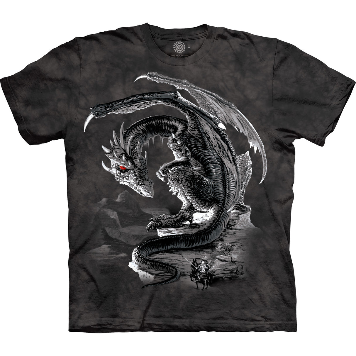 Black t-shirt with a dragon and knight design 