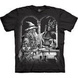 Black t-shirt with a graphic of a wizard and dragon