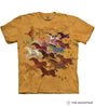 Mottled yellow-brown shirt with herd of horses and sun in Native American art style