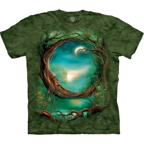 Green mottled tee shirt with crescent moon tree gazing at moon by a pond