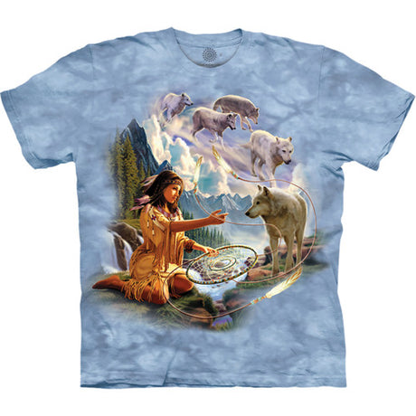 Light blue mottled t-shirt with Native American woman, dreamcatcher and wolves