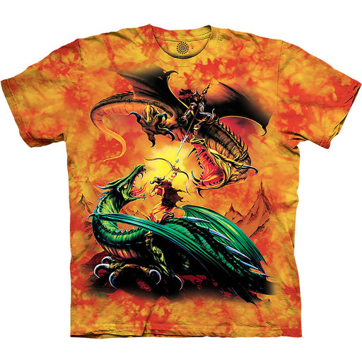 Mottled orange and red t-shirt with two dragons, green and gold, with knights on them, fighting