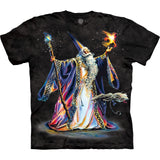Black mottled t-shirt with colorful wizard summoning phoenix design, book floating in front of him, staff in his hand