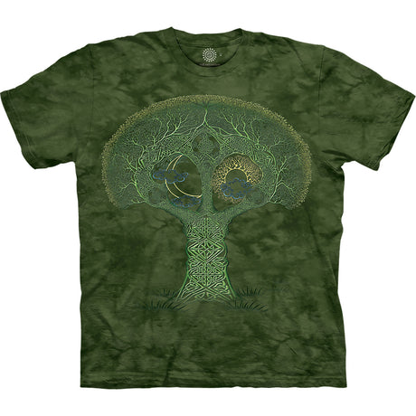 Green mottled shirt with Celtic knotwork tree of life design