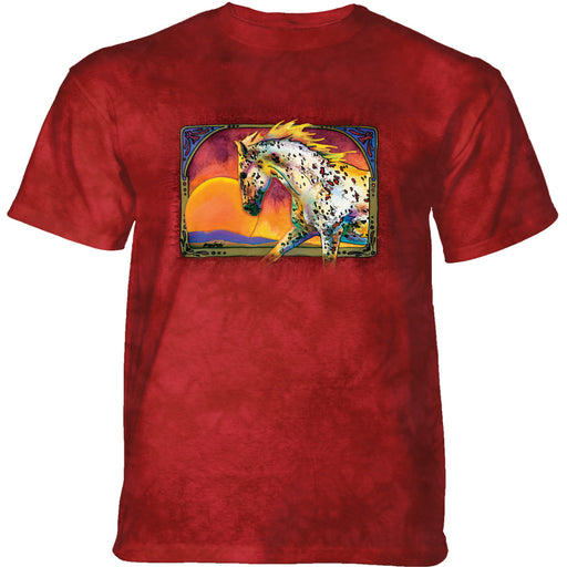 Red mottled t-shirt with spotted appaloosa horse cantering in front of setting sun design