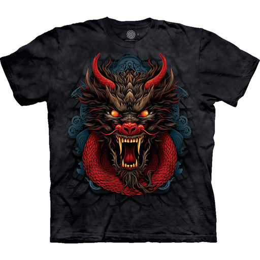 T-shirt, black mottled background, dragon face in black with red accents, horns, scales, eyes, sharp teeth