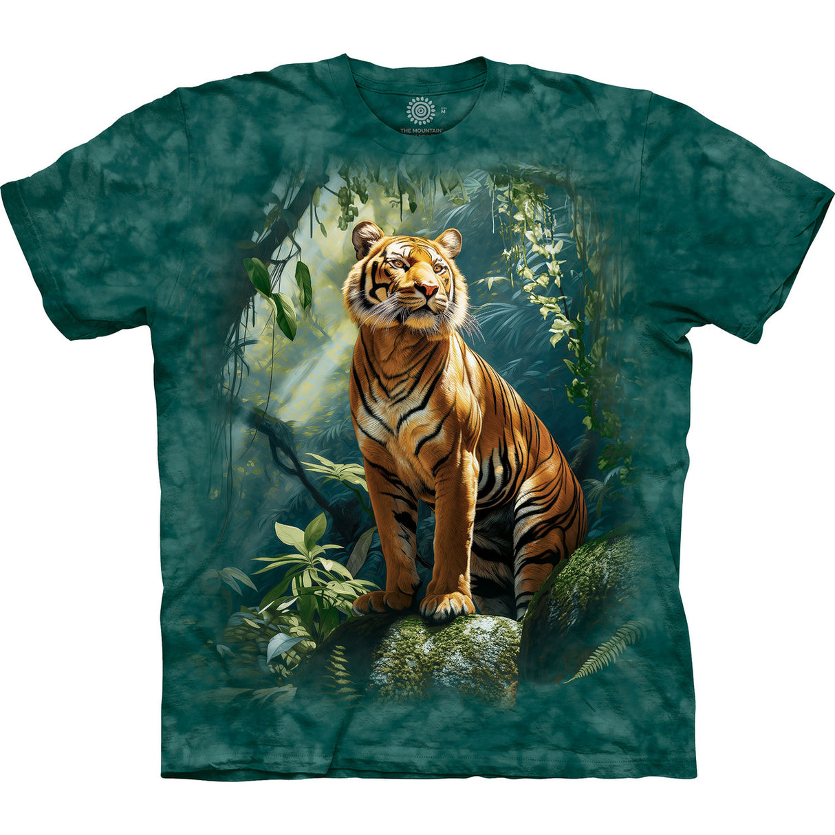 T-shirt in mottled green with orange tiger in jungle grove on mossy rocks