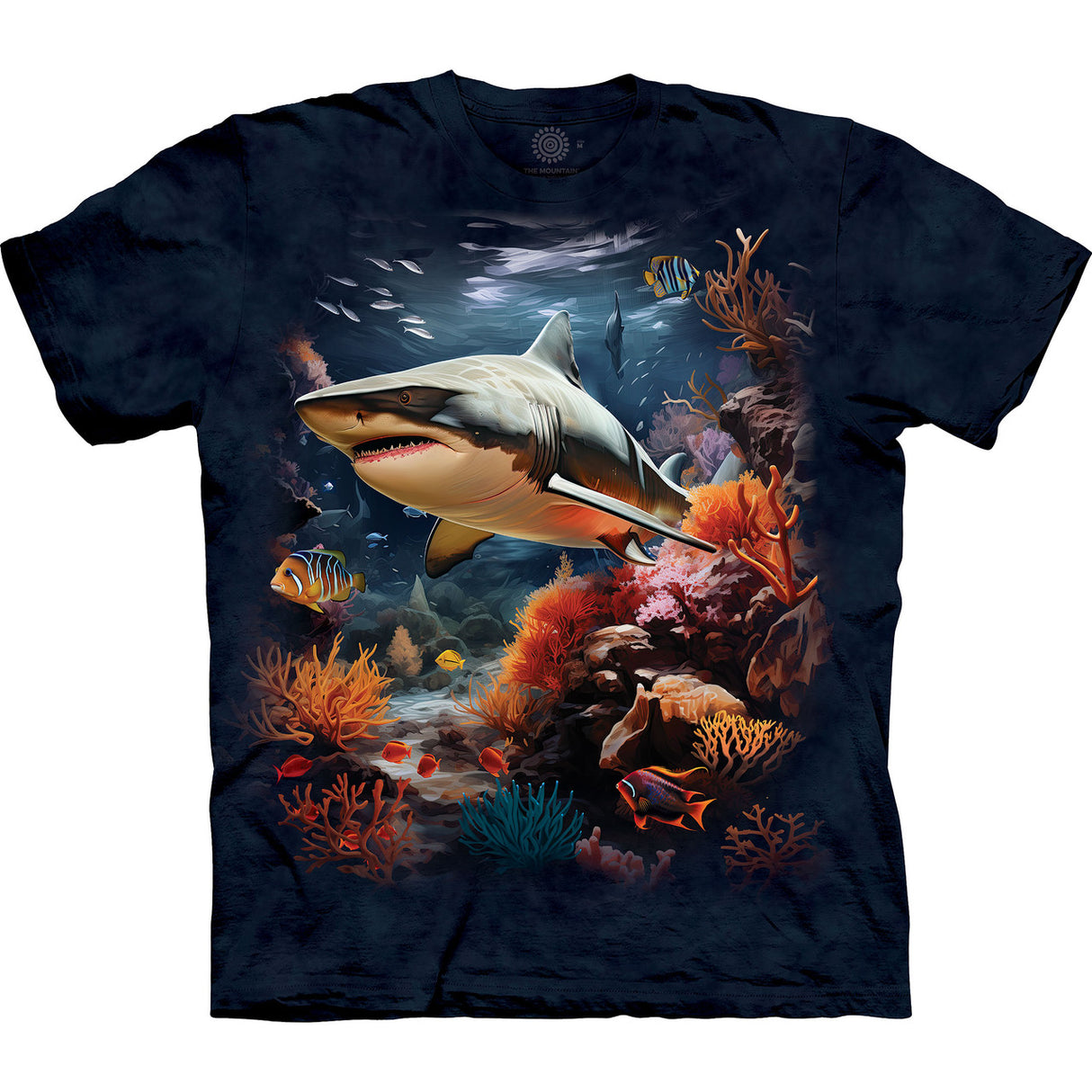 Mottled blue t-shirt with shark and coral reef