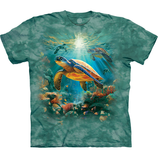 Mottled aqua green t-shirt with sea turtles in a coral reef