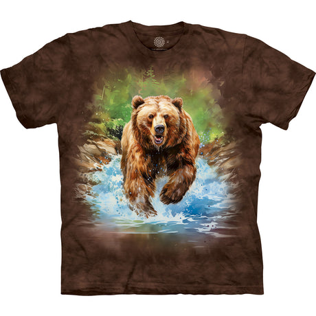 Mottled brown t-shirt with bear running through a stream