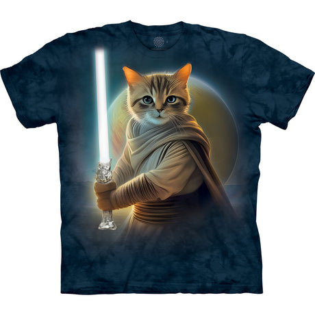 T-shirt with tabby cat holding a lightsaber in front of a planet