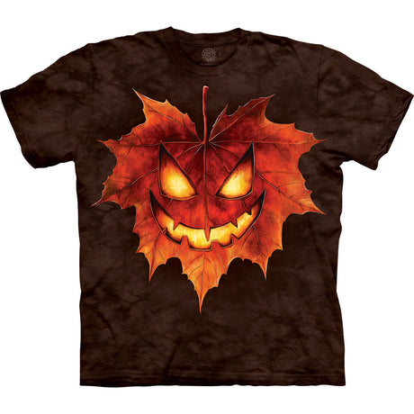 Mottled brown shirt with maple leaf and Jack-o-lantern face design