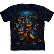 Dark t-shirt with pile of glowing faced jack-o-lantern pumpkins
