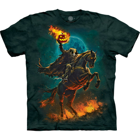 Mottled tee shirt with headless horseman on steed with fire
