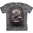 T-shirt with a graphic design of a witch performing a spell over a cauldron with smoke dragon, set against a pentagram symbol.