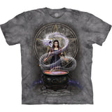 T-shirt with a graphic design of a witch performing a spell over a cauldron with smoke dragon, set against a pentagram symbol.