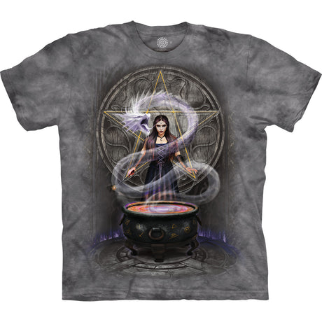 T-shirt with a graphic design of a witch performing a spell over a cauldron with smoke dragon, set against a pentagram symbol.