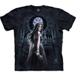 Black t-shirt with a gothic design featuring a vampire woman and cathedral.