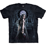 Black t-shirt with a gothic design featuring a vampire woman and cathedral.
