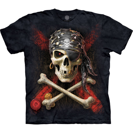 T-shirt with skull and crossbones, gold tooth and bandana with eyepatch, doubloon, and Anne Stokes logo