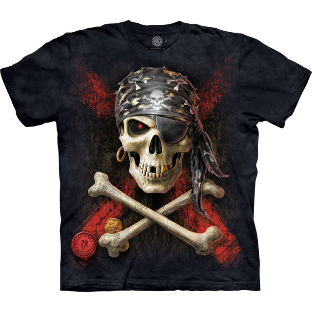 T-shirt with skull and crossbones, gold tooth and bandana with eyepatch, doubloon, and Anne Stokes logo
