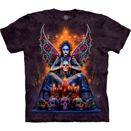 Mottled dark purple t-shirt with a colorful graphic of a fairy with butterfly wings and skulls.