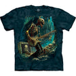 T-shirt with a skeleton playing guitar design on a dark blue background