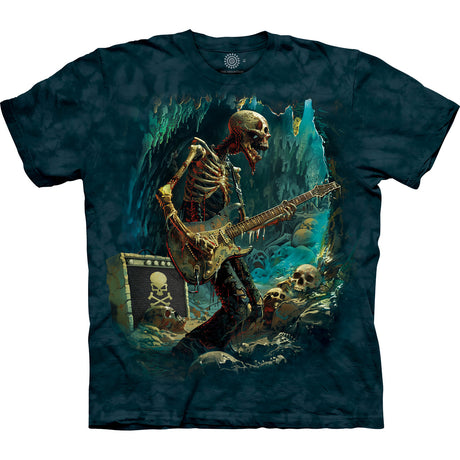 T-shirt with a skeleton playing guitar design on a dark blue background