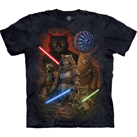 Black t-shirt with a design of cats dressed as Jedi with lightsabers