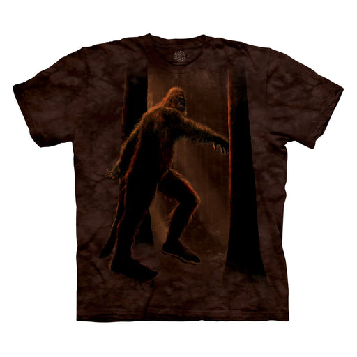 Mottled brown t-shirt with Bigfoot in a forest
