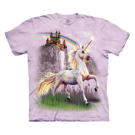 Pink-purple mottled tee shirt with star-covered unicorn in front of a castle, waterfall and rainbow