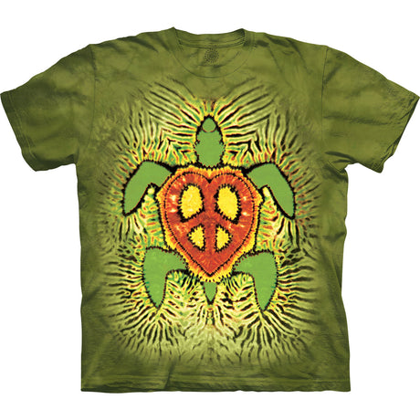 Green t-shirt with tie-dye turtle design, red peace sign heart shell
