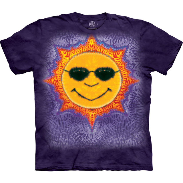 Purple mottled t-shirt with smiling sun face in glasses tie-dye