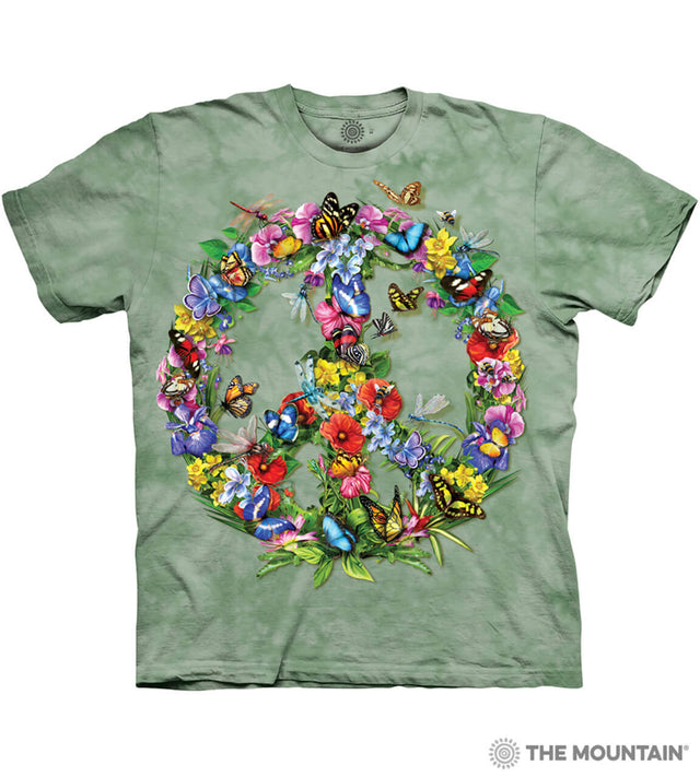 Green mottled t-shirt with butterfly, dragonfly and flower peace sign