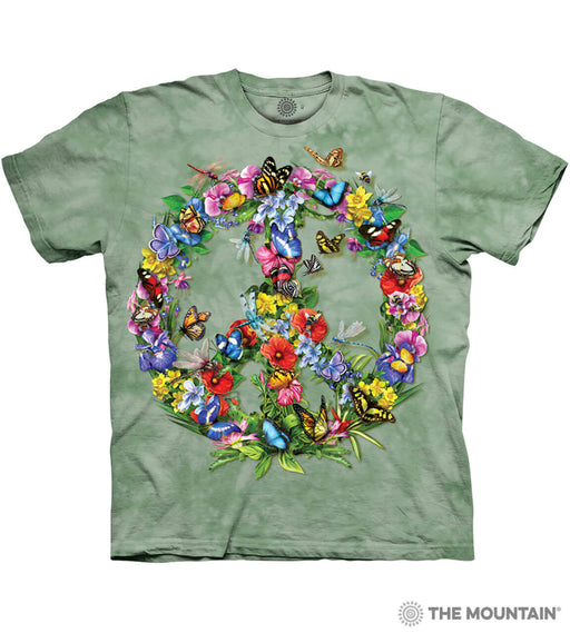 Green mottled t-shirt with butterfly, dragonfly and flower peace sign