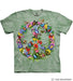 Green mottled t-shirt with butterfly, dragonfly and flower peace sign