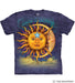 Mottled purple t-shirt with smiling sun and moon with star, clouds, northern lights above
