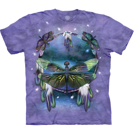 Purple mottled t-shirt with dragonfly dreamcatcher design