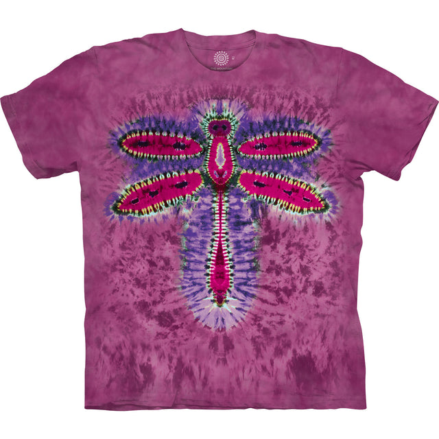 Mottled magenta t-shirt with tie dye dragonfly in pink and purple