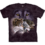 Mottled purple-black t-shirt with wolves design, glowing gold eyes