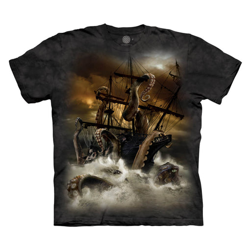 Mottled black t-shirt with kraken destroying a ship under a stormy sky