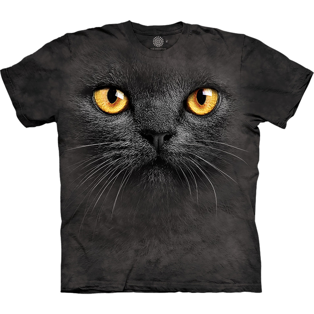 Mottled black t-shirt with golden eyed black cat face