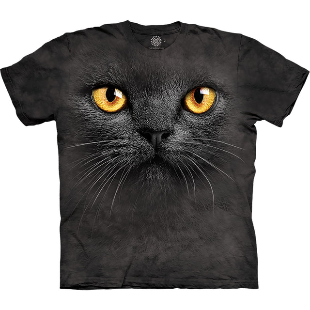 Mottled black t-shirt with golden eyed black cat face