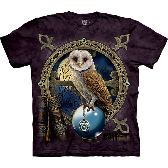 Purple mottled shirt with owl on crystal ball with books design by Lisa Parker
