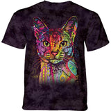 Mottled purple t-shirt with rainbow colored cat in fun patterns by Dean Russo