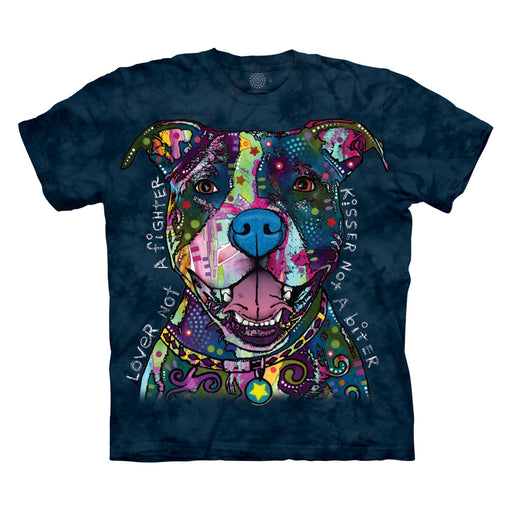 Dark blue mottled t-shirt with pit bull dog in rainbow with patterns, and text reads "Lover Not A Fighter, Kisser Not A Biter"