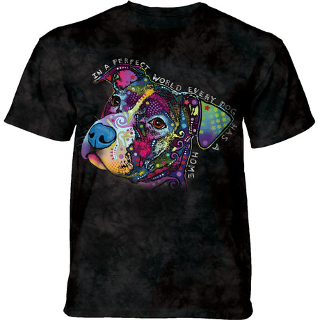 Black mottled t-shirt with colorful dog by Dean Russo. Text reads, "In a perfect world every dog has a home"