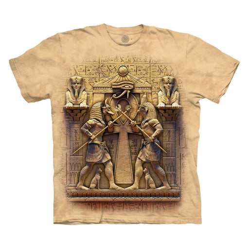 Mottled tan tee shirt with Egyptian gods Anubis and Horus battling in a stone scene